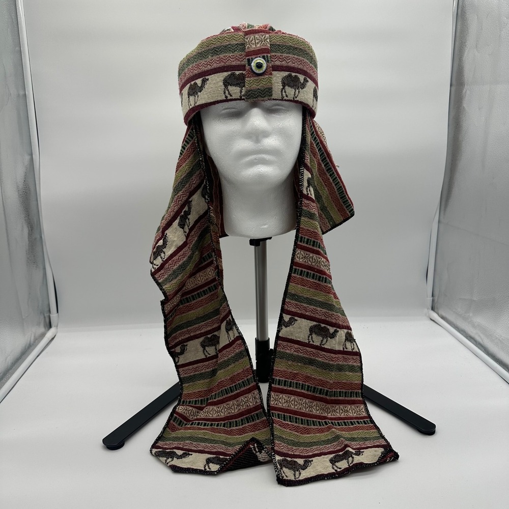 Bedouin Style Desert Hat Scarf Wrap Camel Pattern Evil Eye Multi Wear Red Green